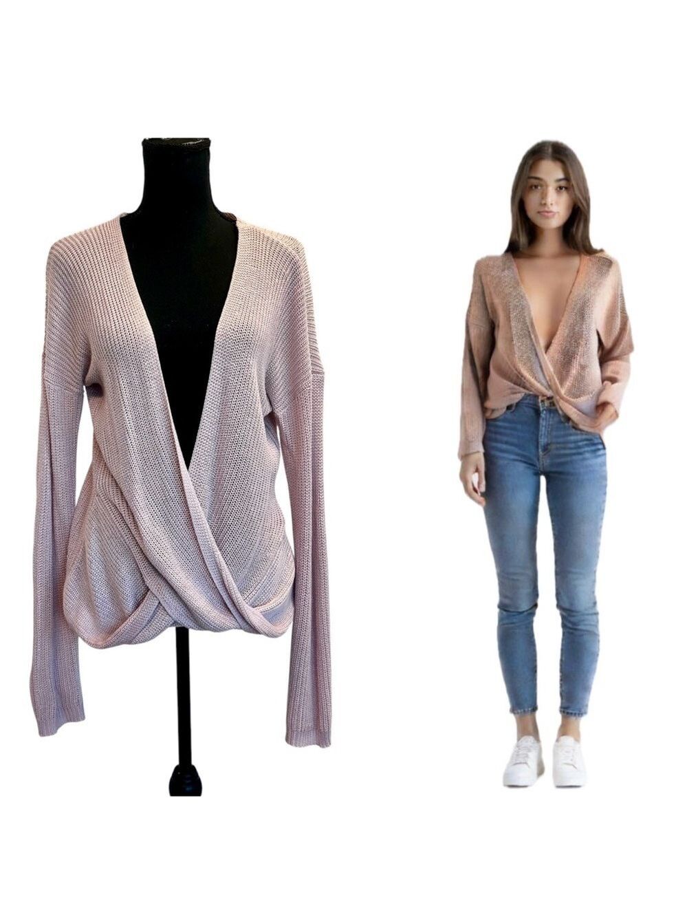 Pastel dusty rose pink crisscross draped knit sweater lightweight long sleeves M